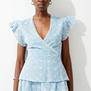 Karen Millen NEW Blue Eyelet Broderie Wrap Peplum Ruffle Top SZ 14 Cottagecore